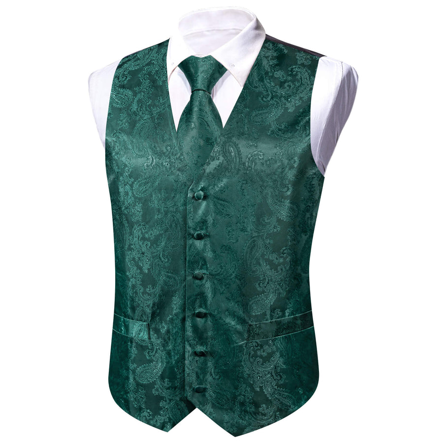 Light Sapphire Pine Green Paisley Silk Bowtie Vest Set vest set    - Sophisticated Gentlemen