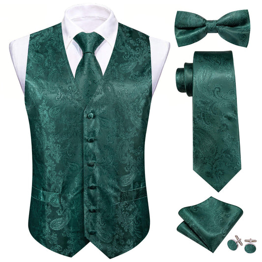 Light Sapphire Pine Green Paisley Silk Bowtie Vest Set vest set S (Chest 40")   - Sophisticated Gentlemen