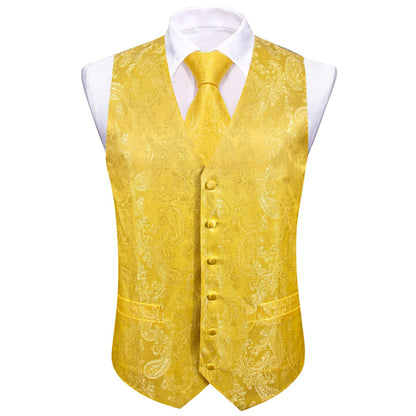 Gold Woven Paisley Silk Bowtie Vest Set vest set    - Sophisticated Gentlemen
