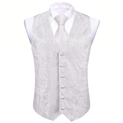 Pure White Paisley Silk Bowtie Vest Set vest set    - Sophisticated Gentlemen