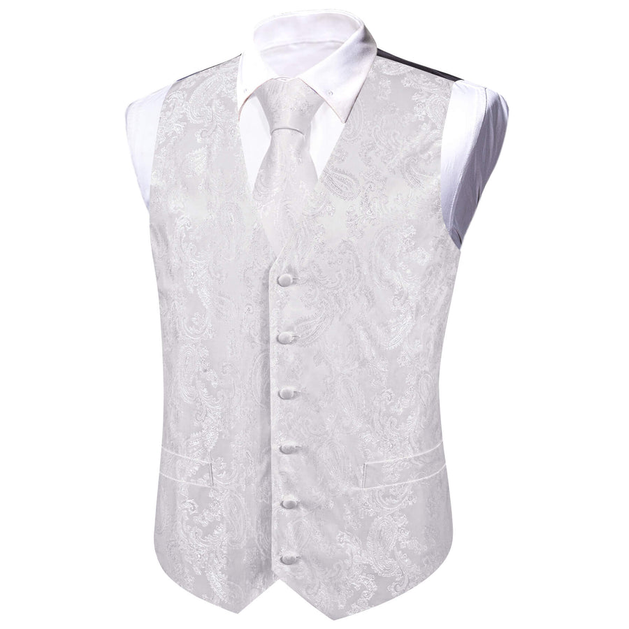 Pure White Paisley Silk Bowtie Vest Set vest set    - Sophisticated Gentlemen
