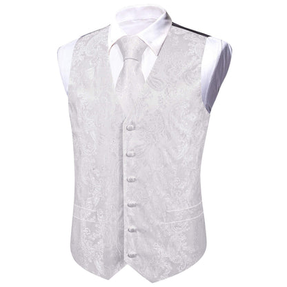 Pure White Paisley Silk Bowtie Vest Set vest set    - Sophisticated Gentlemen