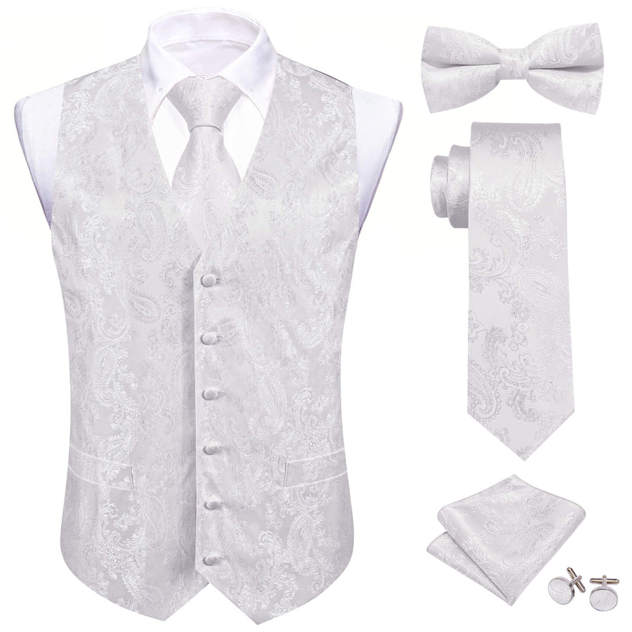 Pure White Paisley Silk Bowtie Vest Set vest set S (Chest 40")   - Sophisticated Gentlemen