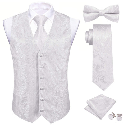 Pure White Paisley Silk Bowtie Vest Set vest set S (Chest 40")   - Sophisticated Gentlemen