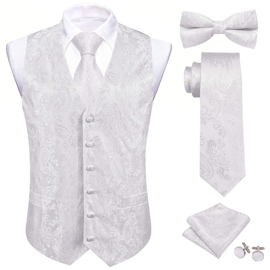 Pure White Paisley Silk Bowtie Vest Set vest set S (Chest 40")   - Sophisticated Gentlemen