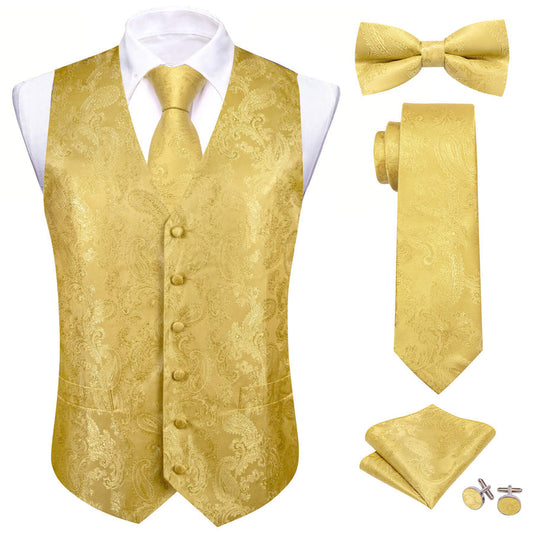 Canary Yellow Paisley Silk Bowtie Vest Set vest set S (Chest 40")   - Sophisticated Gentlemen