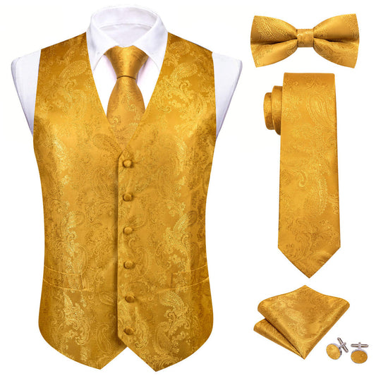 Fire Yellow Paisley Silk Bowtie Vest Set vest set S (Chest 40")   - Sophisticated Gentlemen