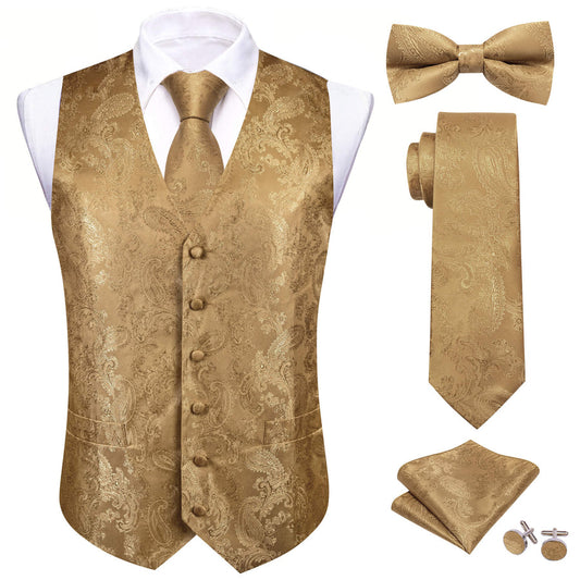Tortilla Brown Paisley Silk Bowtie Vest Set vest set S (Chest 40")   - Sophisticated Gentlemen