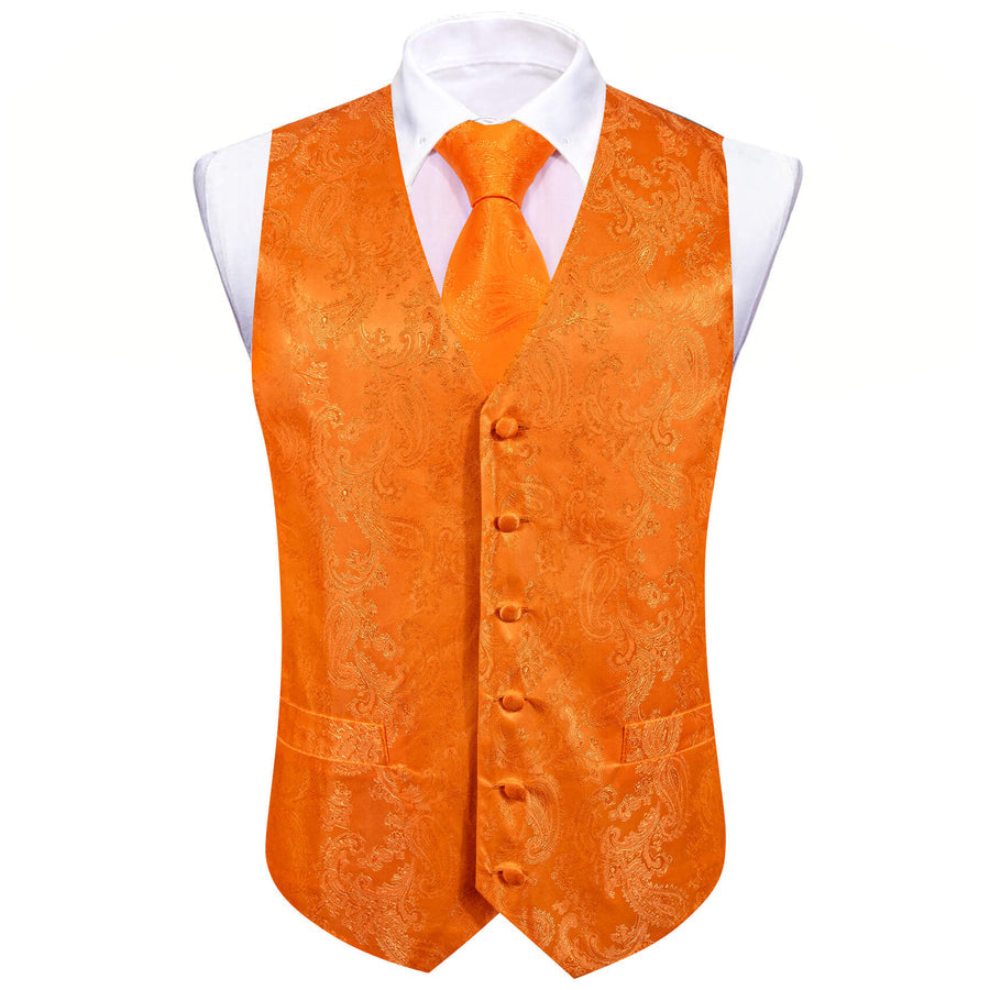 Tiger Orange Paisley Silk Bowtie Vest Set vest set    - Sophisticated Gentlemen