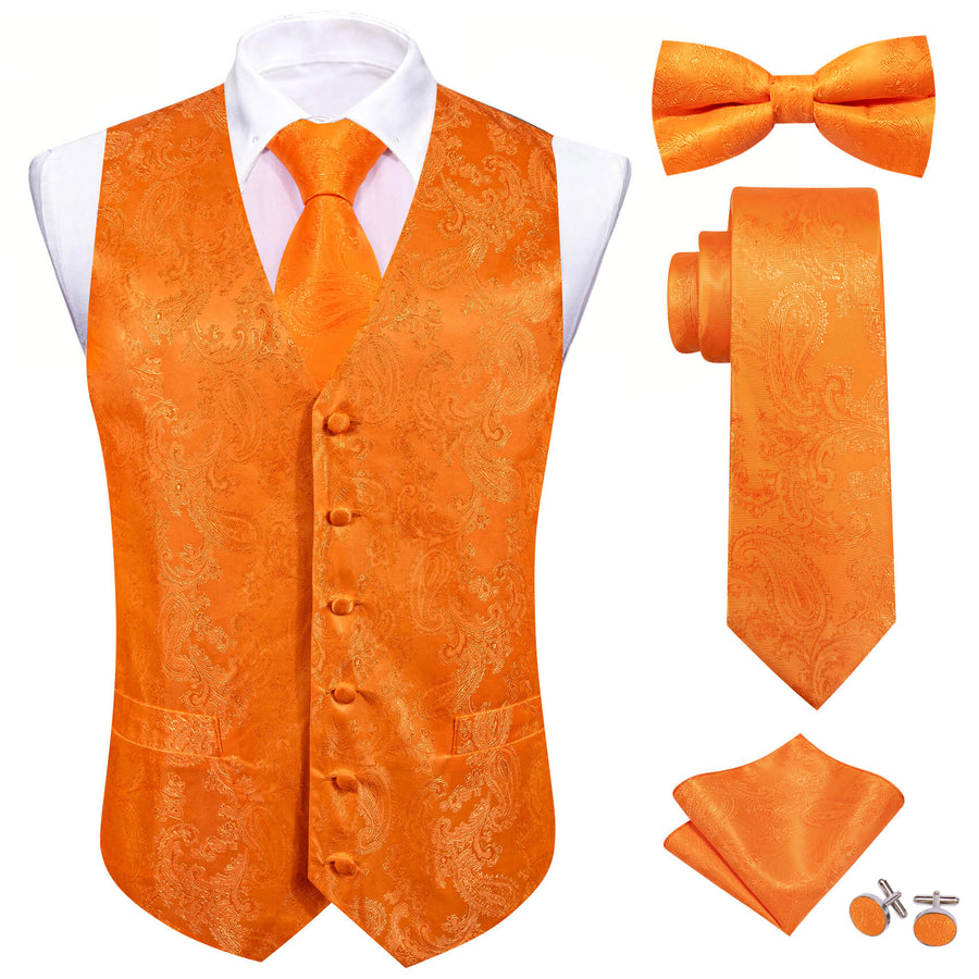 Tiger Orange Paisley Silk Bowtie Vest Set vest set S (Chest 40")   - Sophisticated Gentlemen