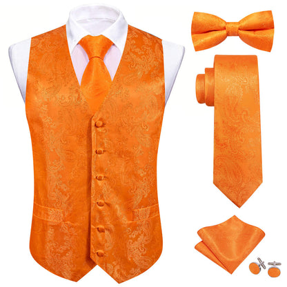 Tiger Orange Paisley Silk Bowtie Vest Set vest set S (Chest 40")   - Sophisticated Gentlemen