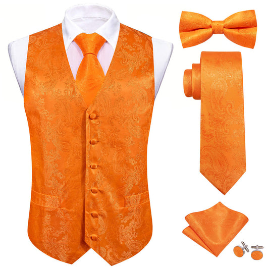 Tiger Orange Paisley Silk Bowtie Vest Set vest set S (Chest 40")   - Sophisticated Gentlemen