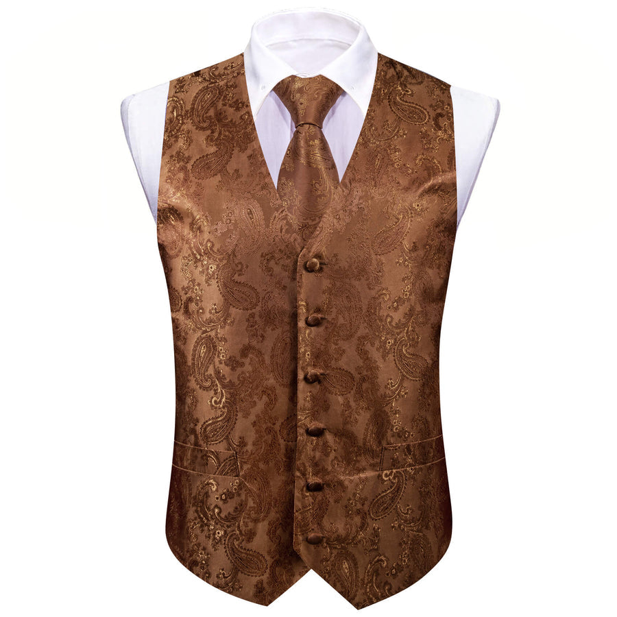 Chocolate Brown Paisley Silk Bowtie Vest Set vest set    - Sophisticated Gentlemen