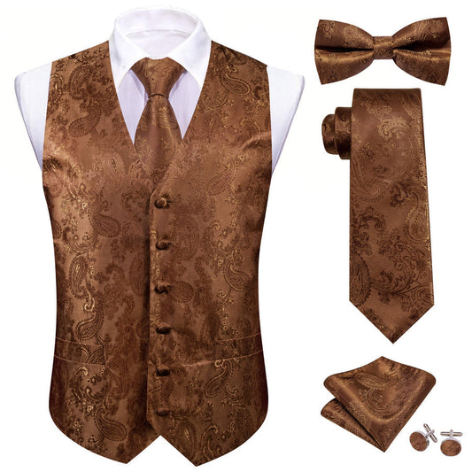 Chocolate Brown Paisley Silk Bowtie Vest Set vest set S (Chest 40")   - Sophisticated Gentlemen