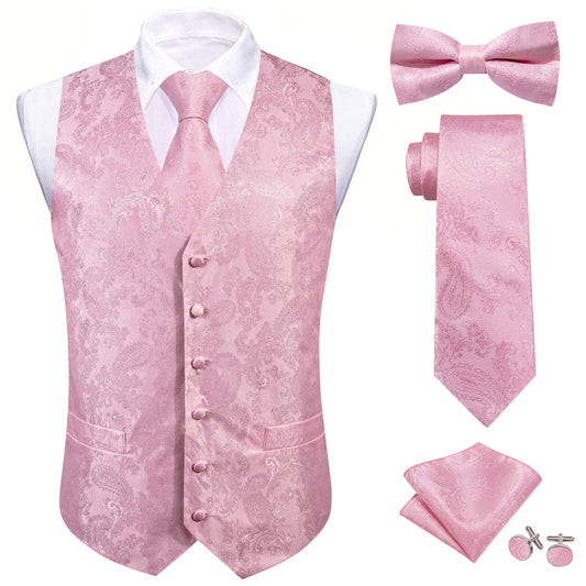 Light Pink Paisley Silk Bowtie Vest Set vest set S (Chest 40")   - Sophisticated Gentlemen