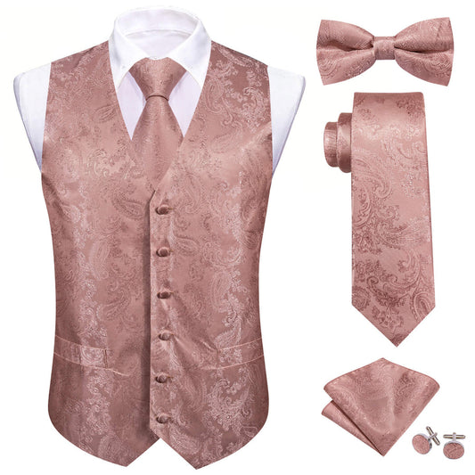 Rose Pink Paisley Silk Bowtie Vest Set vest set S (Chest 40")   - Sophisticated Gentlemen