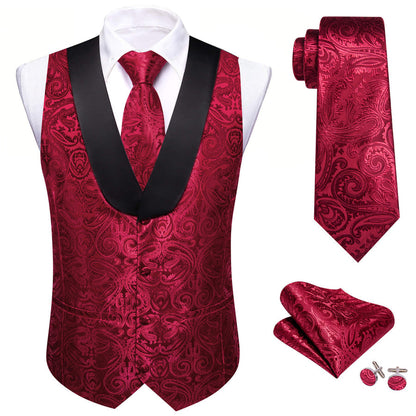 Burgundy Red Jacquard Paisley Silk Shawl Collar Vest Set vest set    - Sophisticated Gentlemen