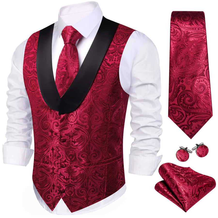 Burgundy Red Jacquard Paisley Silk Shawl Collar Vest Set vest set S (Chest 40")   - Sophisticated Gentlemen
