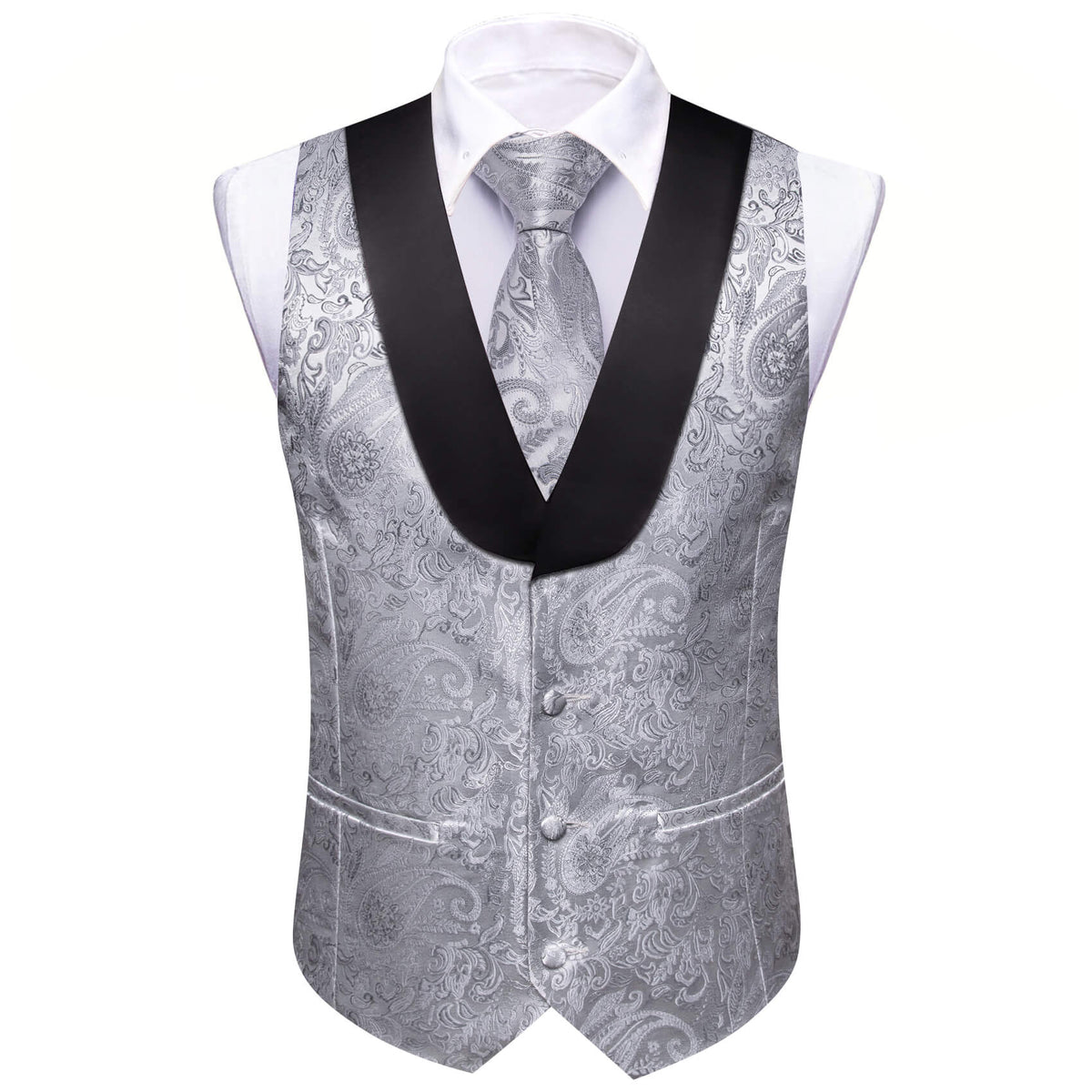Silver Paisley Vest Set with Black Collar vest set S (Chest 41)   - Sophisticated Gentlemen