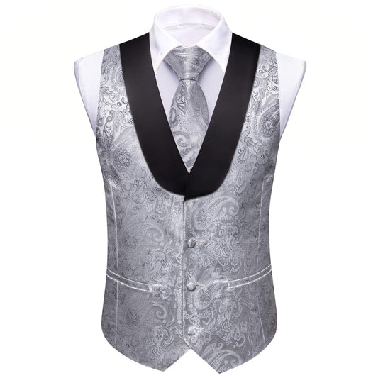 Silver Paisley Vest Set with Black Collar vest set S (Chest 41)   - Sophisticated Gentlemen