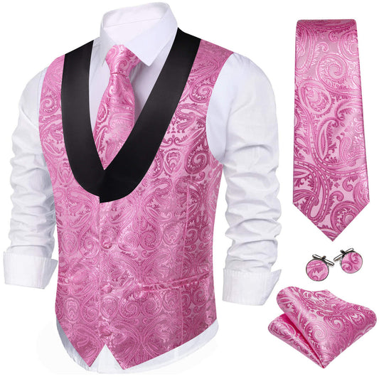 Hot Pink Paisley Silk Shawl Collar Vest Set vest set S (Chest 40")   - Sophisticated Gentlemen