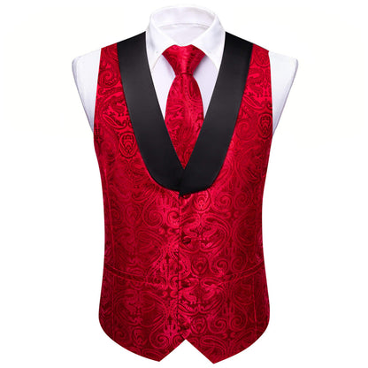 Red Jacquard Paisley Shawl Collar Silk Vest Set vest set    - Sophisticated Gentlemen