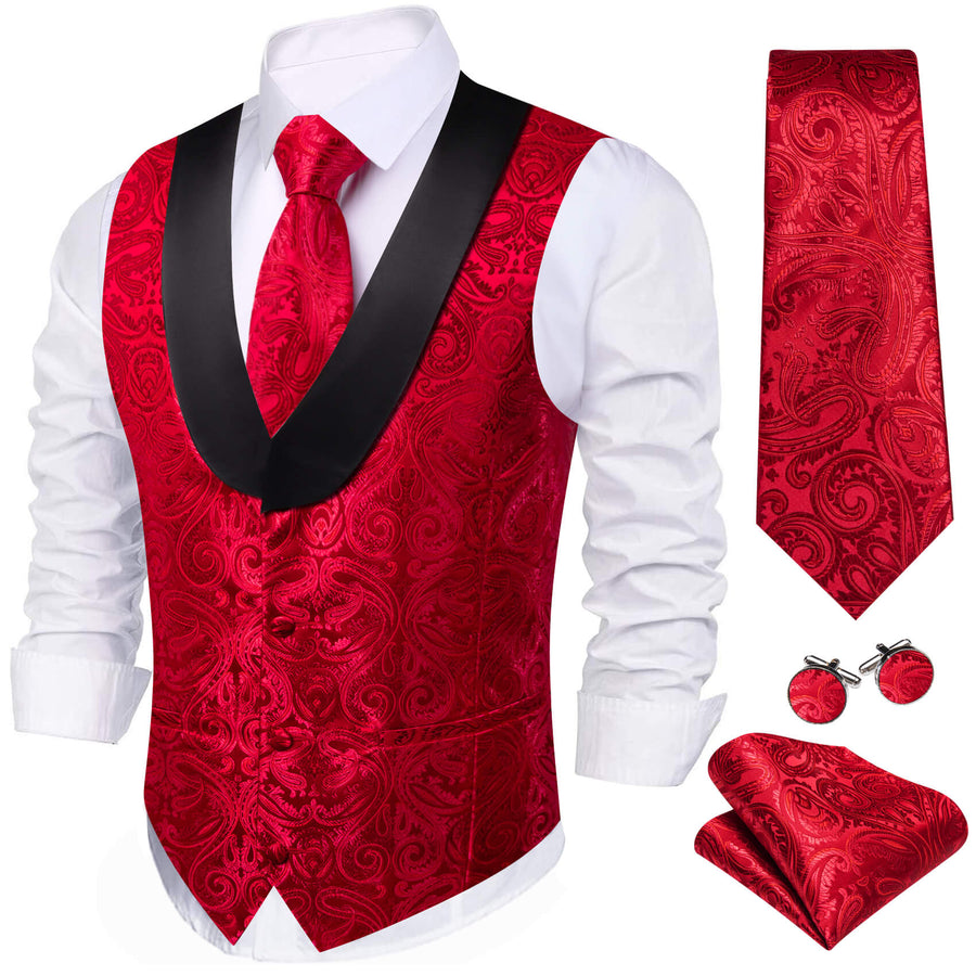 Red Jacquard Paisley Shawl Collar Silk Vest Set vest set S (Chest 40")   - Sophisticated Gentlemen
