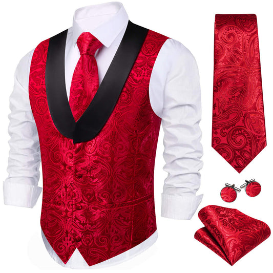 Red Jacquard Paisley Shawl Collar Silk Vest Set vest set S (Chest 40")   - Sophisticated Gentlemen
