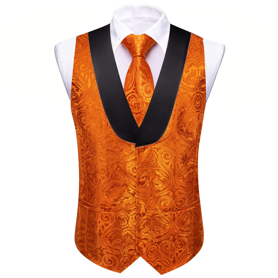 Shawl Collar Fire Orange Paisley Silk Vest Set vest set    - Sophisticated Gentlemen