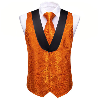 Shawl Collar Fire Orange Paisley Silk Vest Set vest set    - Sophisticated Gentlemen