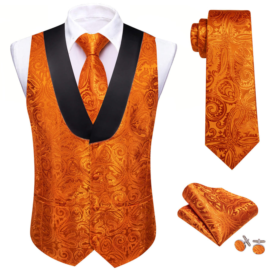 Shawl Collar Fire Orange Paisley Silk Vest Set vest set    - Sophisticated Gentlemen