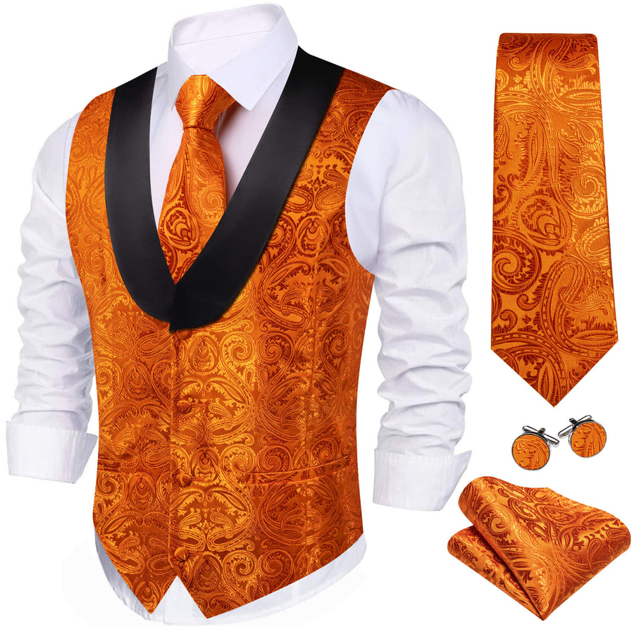 Shawl Collar Fire Orange Paisley Silk Vest Set vest set S (Chest 40")   - Sophisticated Gentlemen
