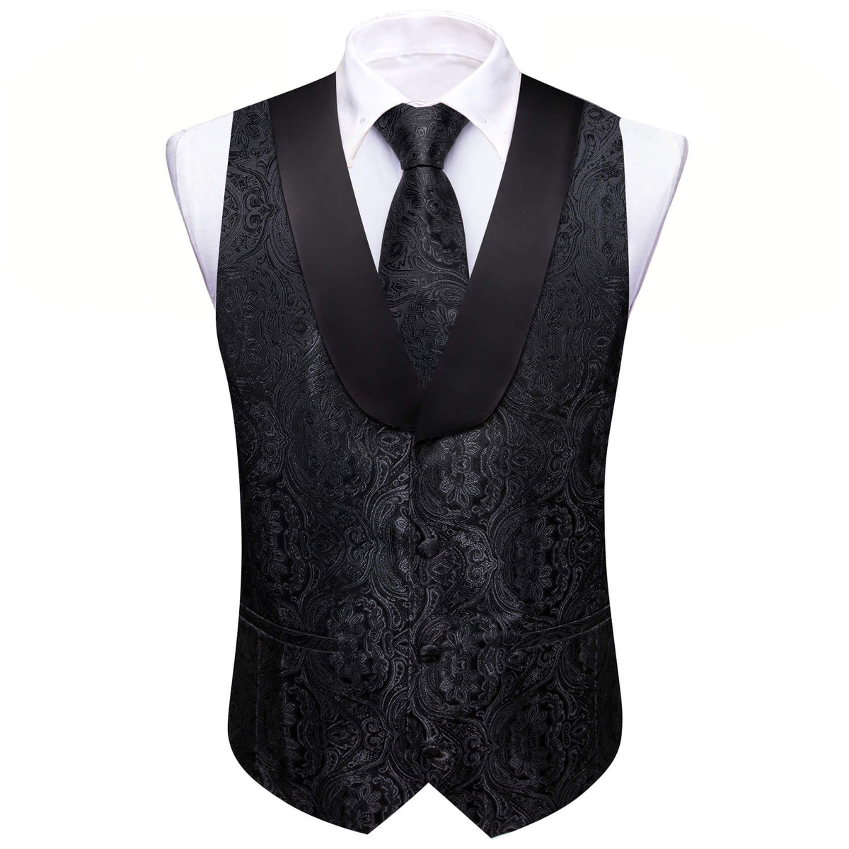 Black Paisley Vest Set with Black Collar vest set S (Chest 41)   - Sophisticated Gentlemen