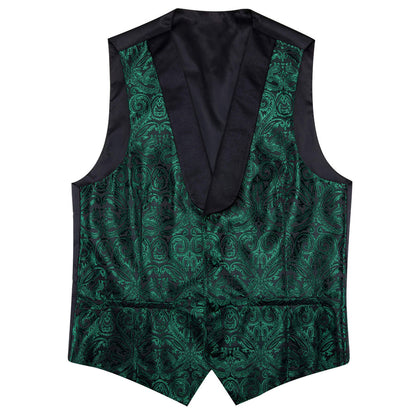 Shawl Collar Dark Green Jacquard Paisley Men's Silk Vest Set vest set    - Sophisticated Gentlemen