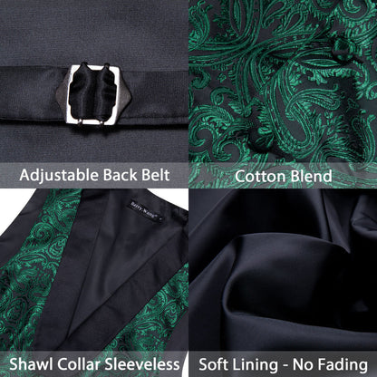 Shawl Collar Dark Green Jacquard Paisley Men's Silk Vest Set vest set    - Sophisticated Gentlemen