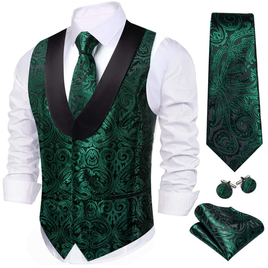 Shawl Collar Dark Green Jacquard Paisley Men's Silk Vest Set vest set S (Chest 40")   - Sophisticated Gentlemen