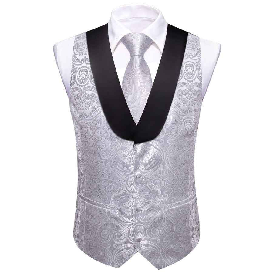 Light Gray Paisley Silk Shawl Collar Vest Set vest set    - Sophisticated Gentlemen