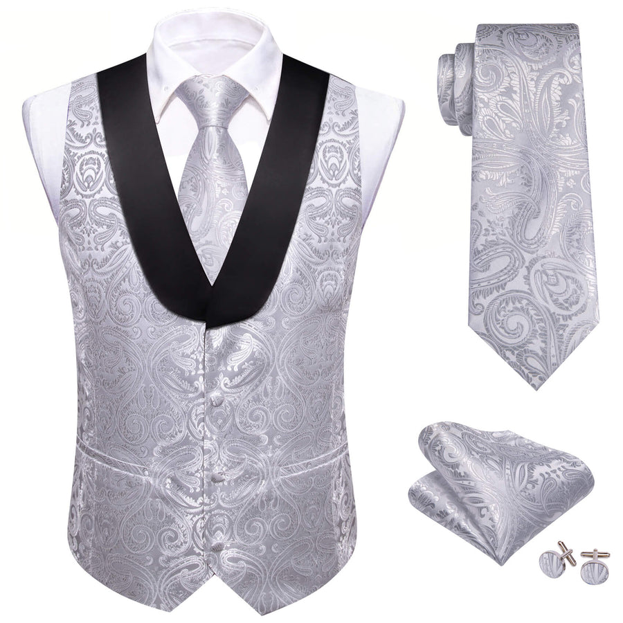 Light Gray Paisley Silk Shawl Collar Vest Set vest set    - Sophisticated Gentlemen