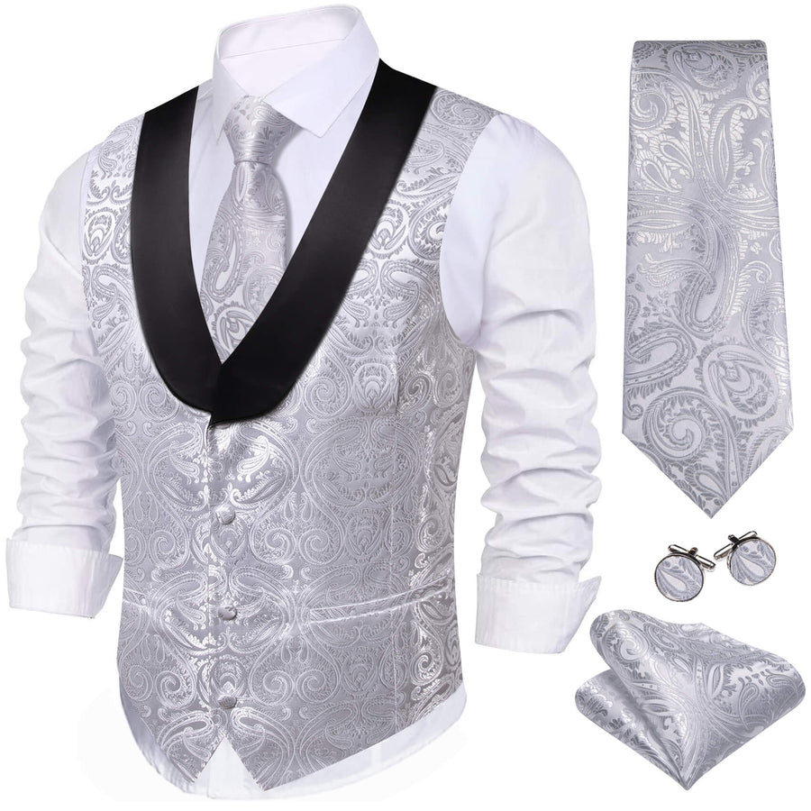 Light Gray Paisley Silk Shawl Collar Vest Set vest set S (Chest 40")   - Sophisticated Gentlemen