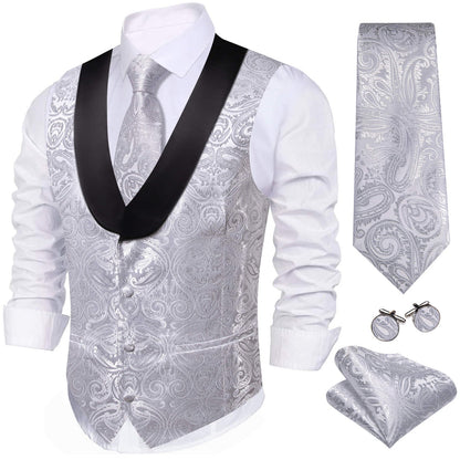 Light Gray Paisley Silk Shawl Collar Vest Set vest set S (Chest 40")   - Sophisticated Gentlemen