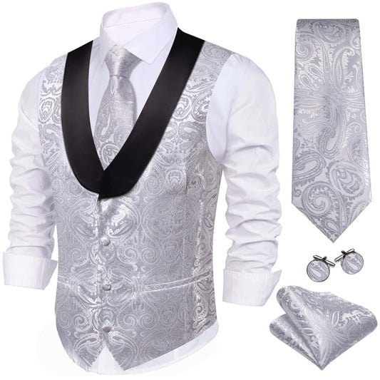 Light Gray Paisley Silk Shawl Collar Vest Set vest set S (Chest 40")   - Sophisticated Gentlemen