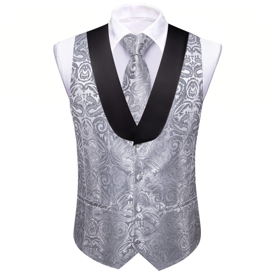 Dark Gray Paisley Silk Shawl Collar Vest Set vest set    - Sophisticated Gentlemen