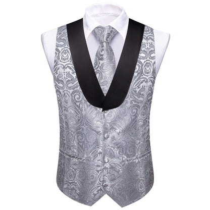 Dark Gray Paisley Silk Shawl Collar Vest Set vest set    - Sophisticated Gentlemen