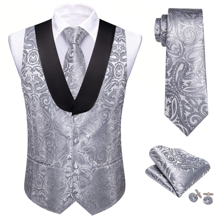 Dark Gray Paisley Silk Shawl Collar Vest Set vest set    - Sophisticated Gentlemen