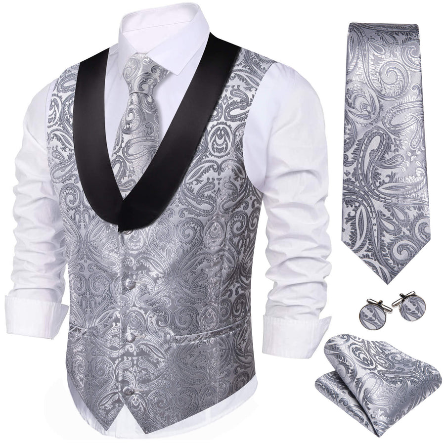 Dark Gray Paisley Silk Shawl Collar Vest Set vest set S (Chest 40")   - Sophisticated Gentlemen