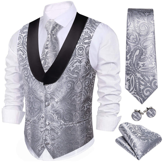 Dark Gray Paisley Silk Shawl Collar Vest Set vest set S (Chest 40")   - Sophisticated Gentlemen