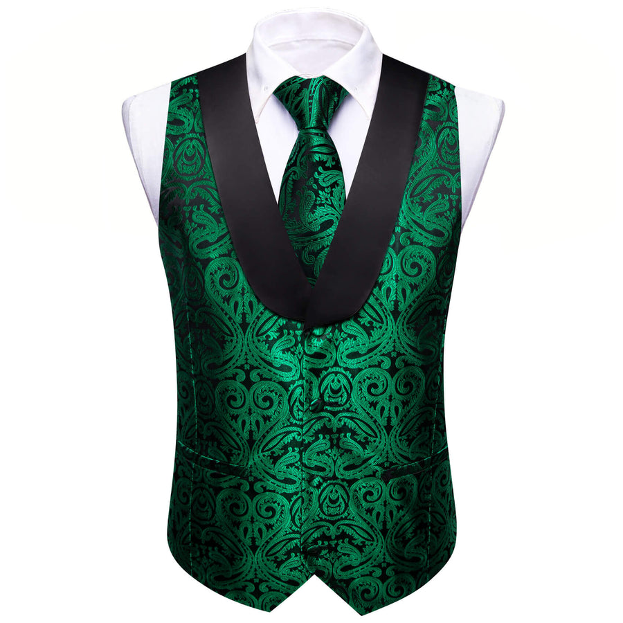 Forest Green Paisley Shawl Collar Silk Vest Set vest set    - Sophisticated Gentlemen