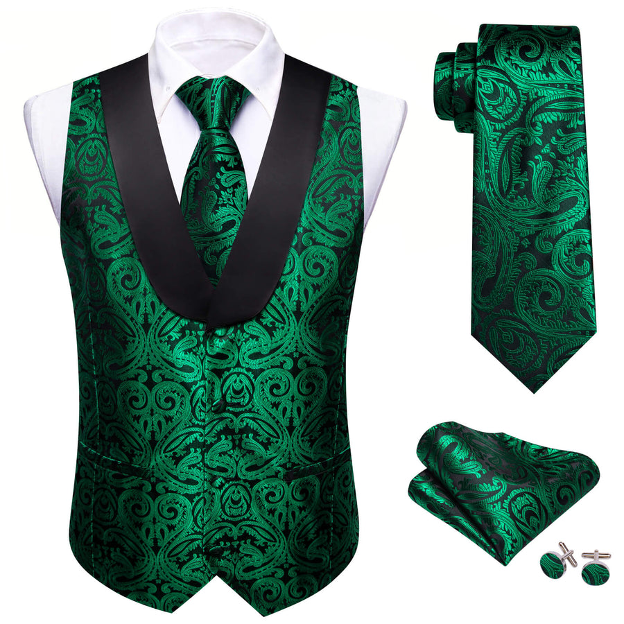 Forest Green Paisley Shawl Collar Silk Vest Set vest set    - Sophisticated Gentlemen
