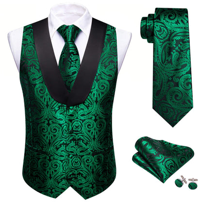 Forest Green Paisley Shawl Collar Silk Vest Set vest set    - Sophisticated Gentlemen
