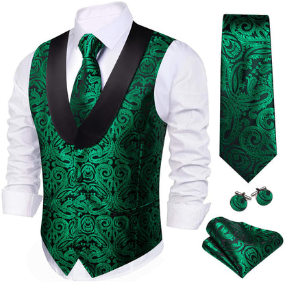 Forest Green Paisley Shawl Collar Silk Vest Set vest set S (Chest 40")   - Sophisticated Gentlemen